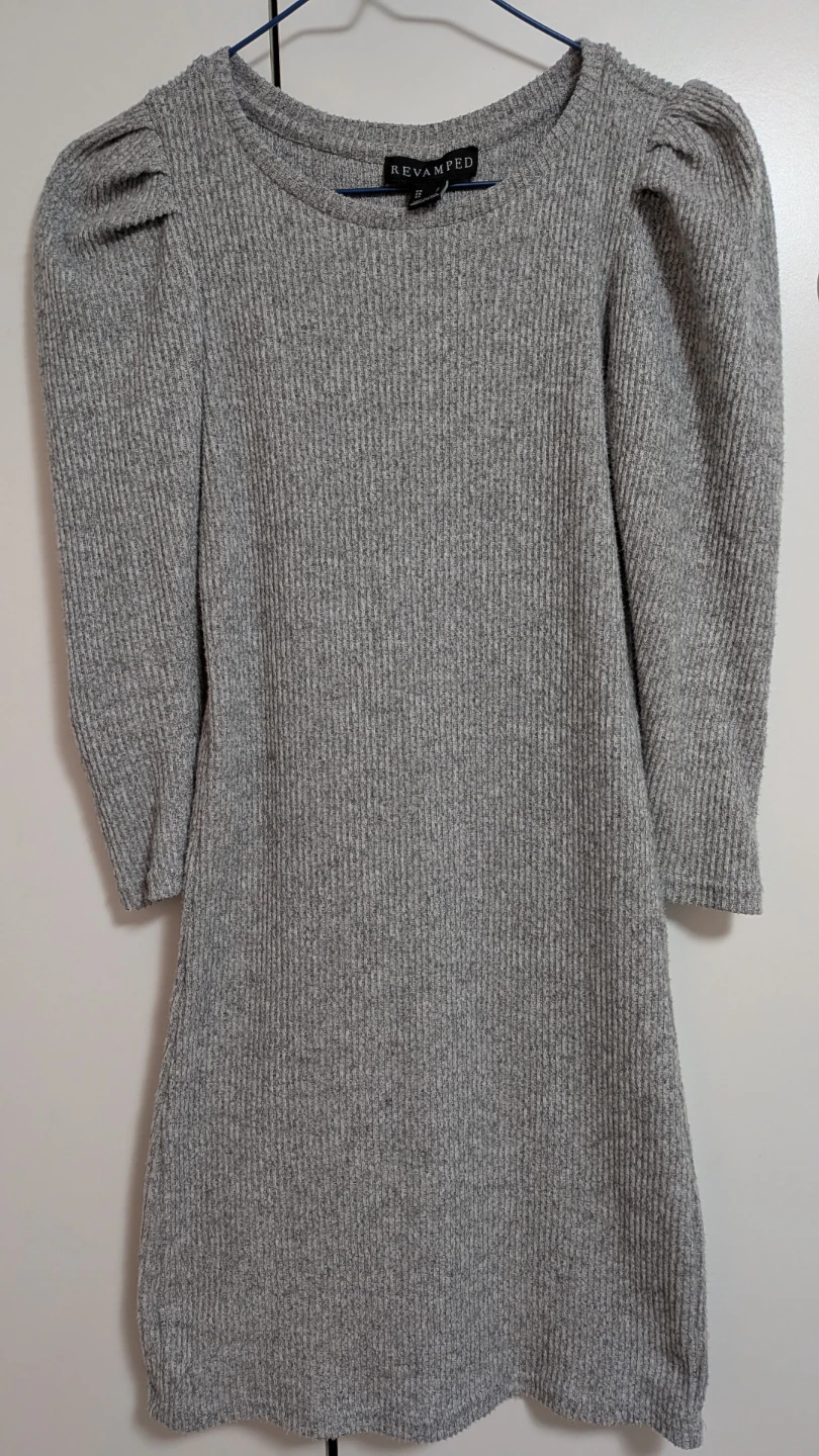 Revamped Grey Puff Sleeve Ribbed Dress