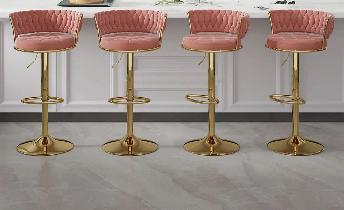 Set of 4 Pink Velvet Bar Stools with Gold Base