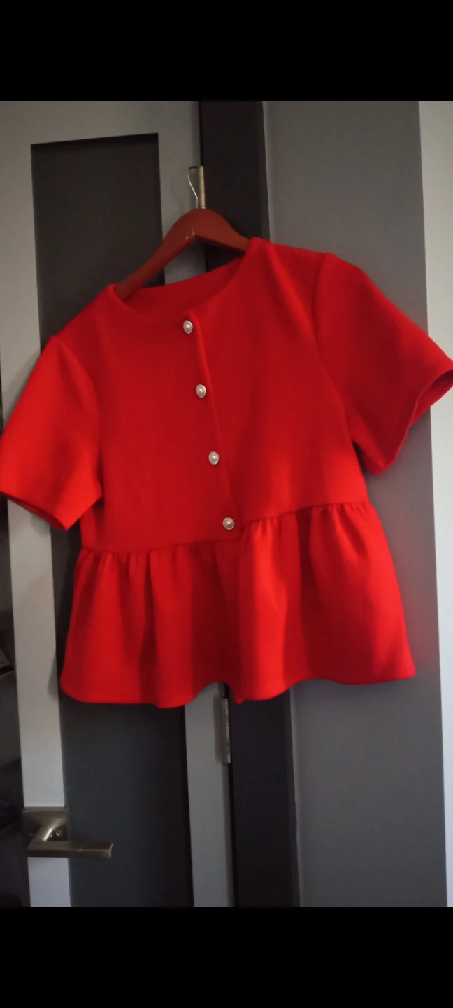 Red Peplum Top with Pearl Buttons