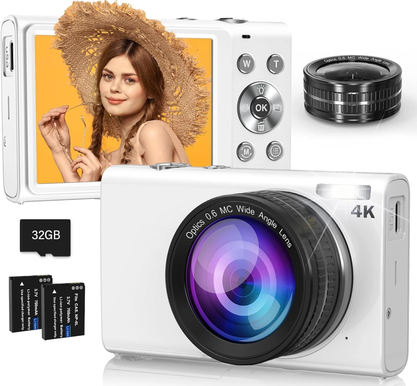 NEW 4K Digital Camera with Wide Angle Lens - White