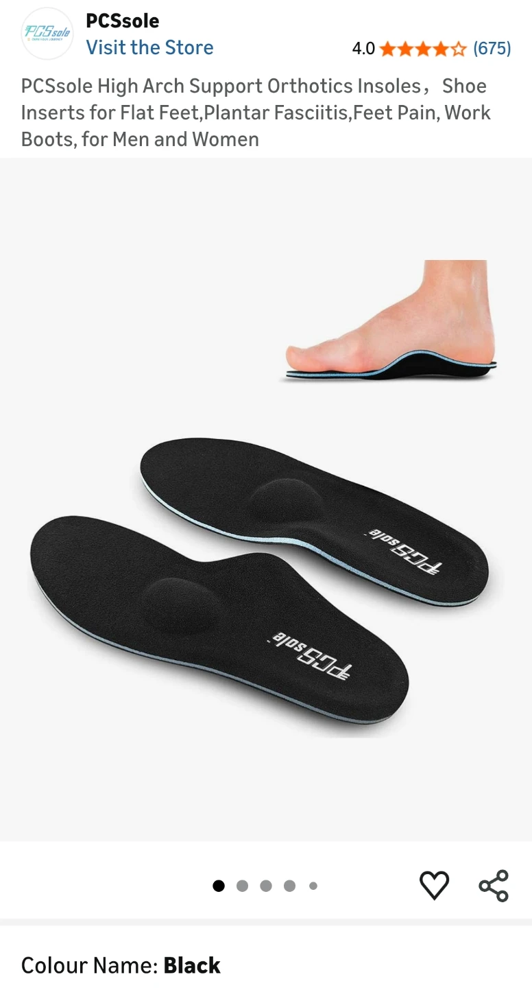 PCSsole High Arch Support Orthotics Insoles - Black