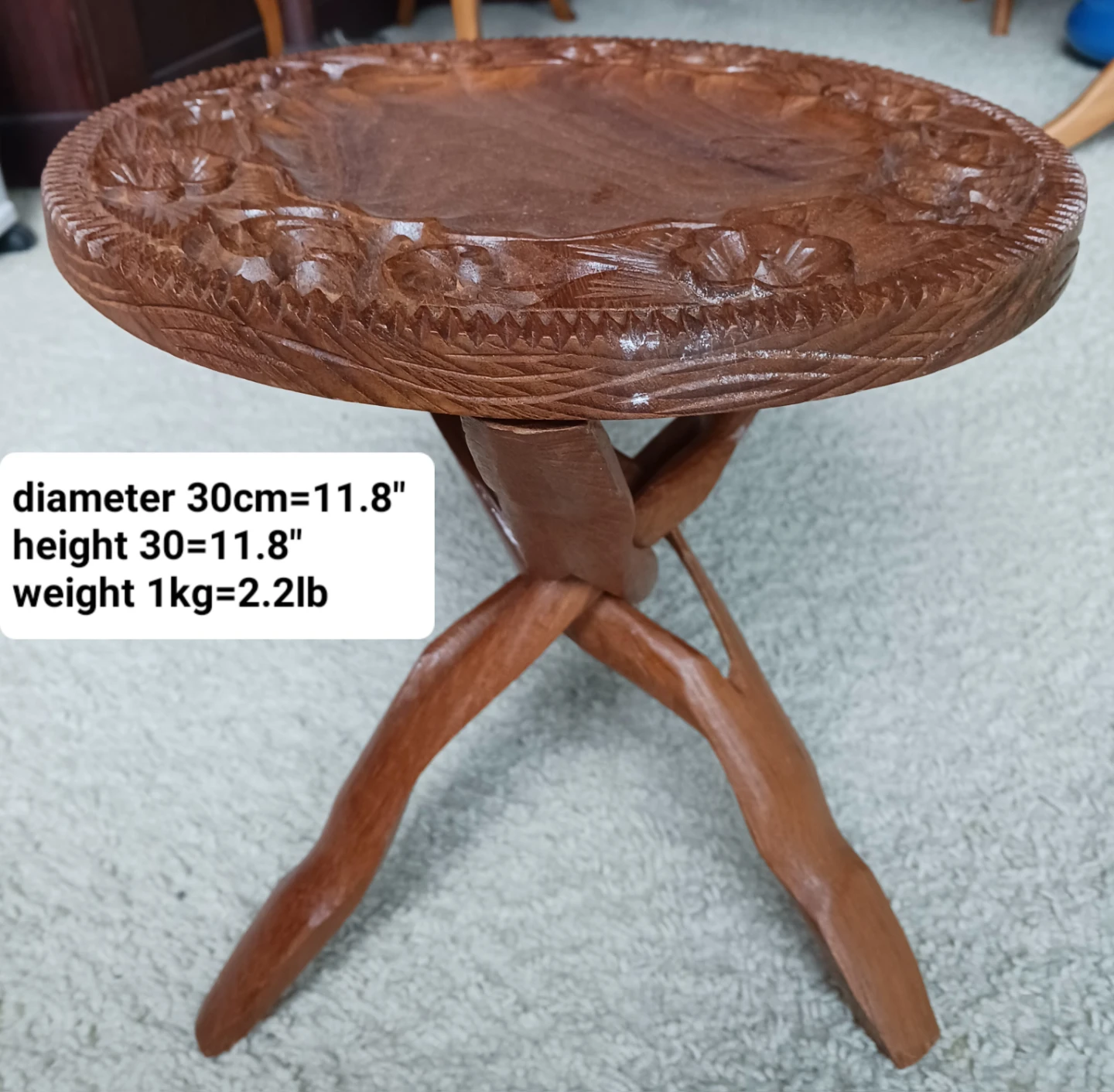 Carved Wooden Side Table Stand - 11.8" Diameter