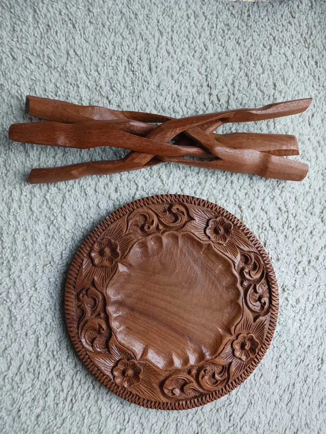 Carved Wooden Side Table Stand - 11.8" Diameter - photo 2