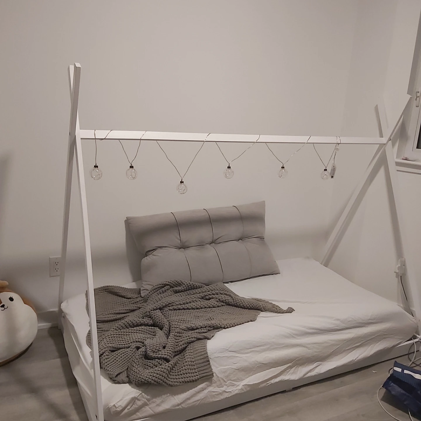 White Wooden Teepee Bed Frame with Fairy Lights