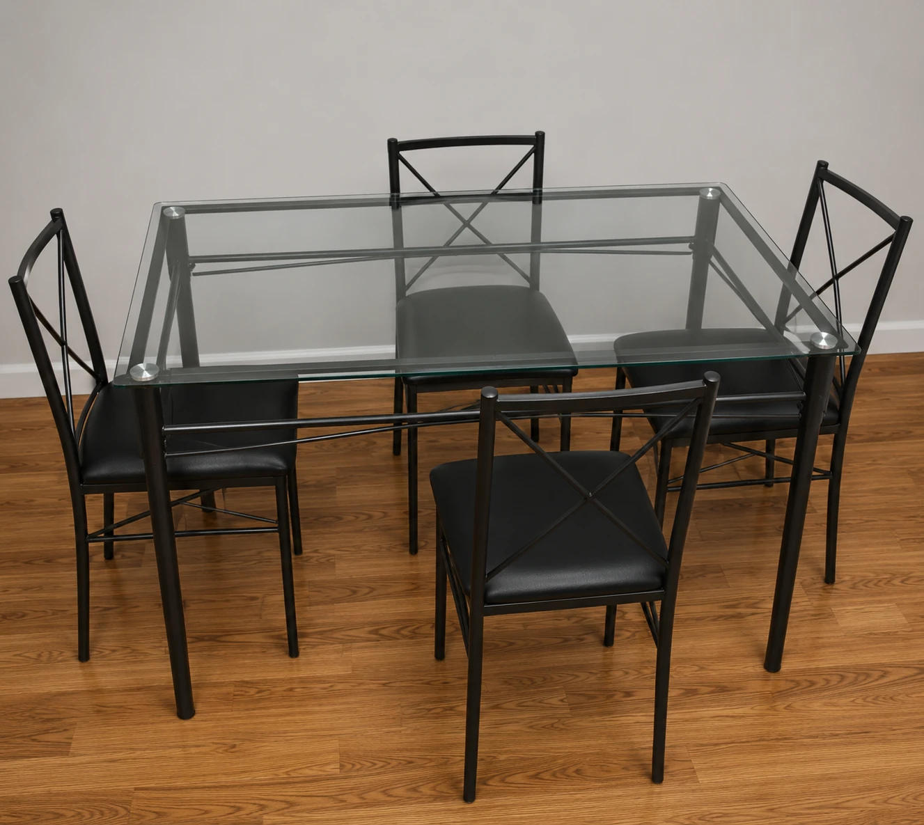 Glass Top Dining Table Set with 4 Black Chairs