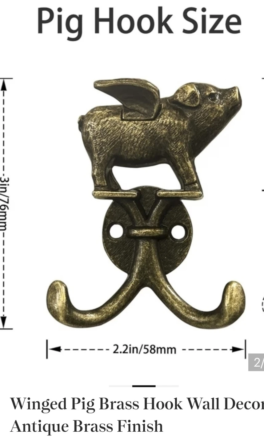 Winged Pig Brass Hook - Antique Brass Finish - photo 2