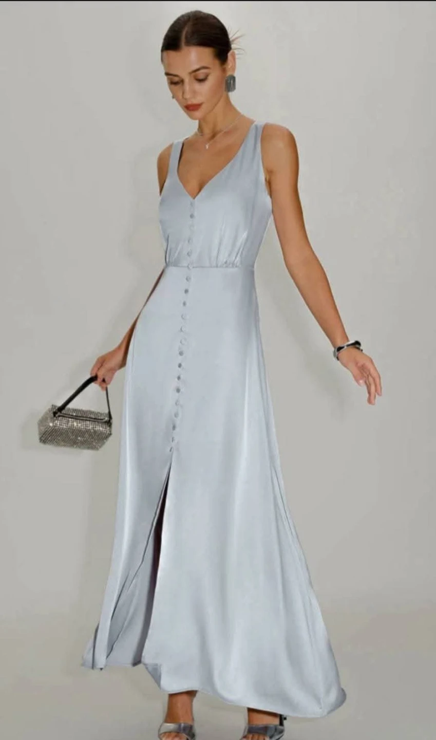 Satin V-Neck Button-Front Maxi Dress