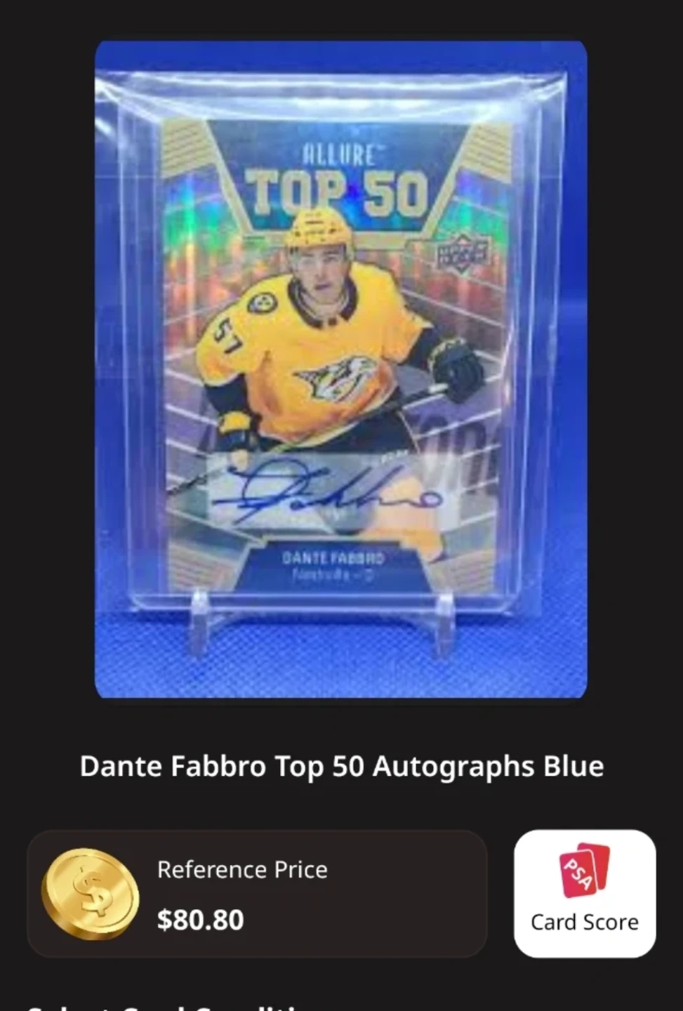 Dante Fabbro Top 50 Autographs Blue Hockey Card