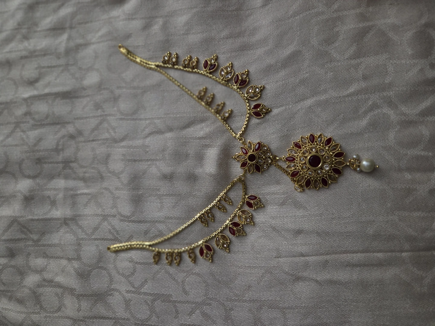 Gold-toned multi-layer necklace and earring set with red stones - photo 5