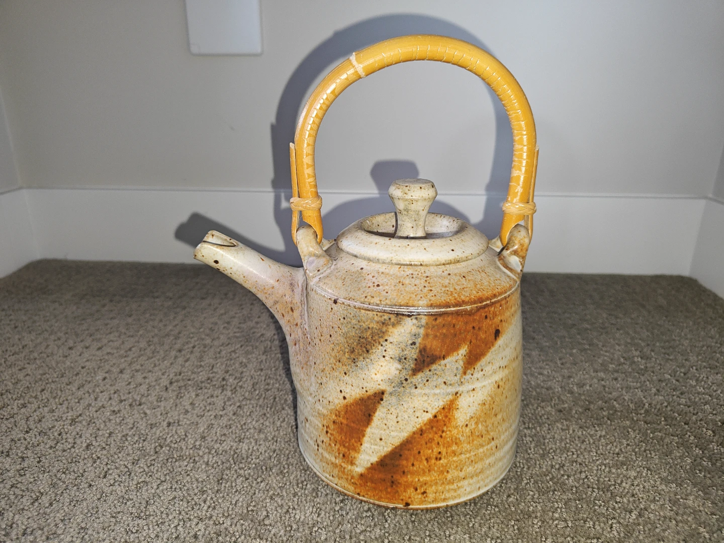 Vintage Beige Pottery Art Teapot Signed w/ Wood Handle & Lid