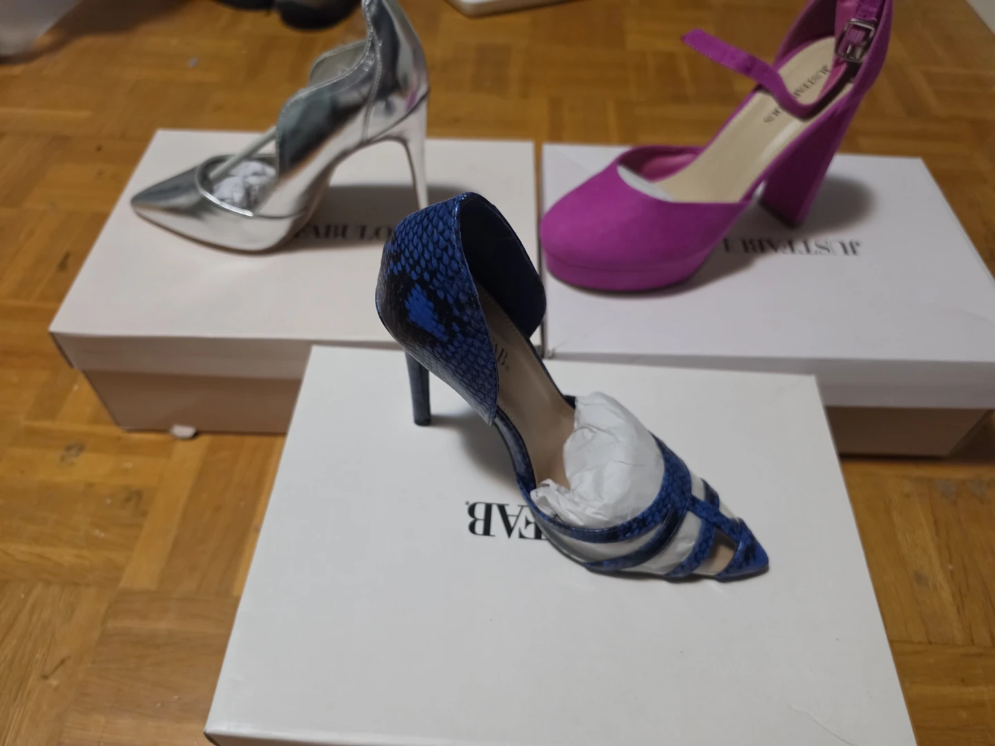 Heels - Blue Snakeskin, Pink Suede, Silver