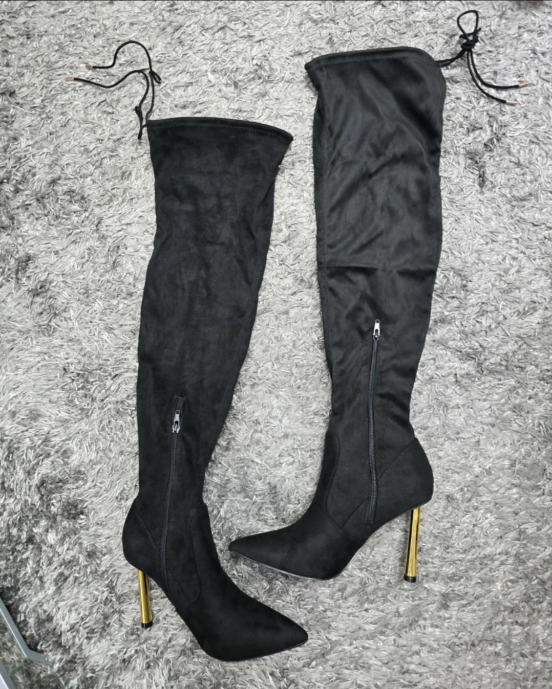 Black Suede Over-the-Knee Boots with Gold Heel - photo 2