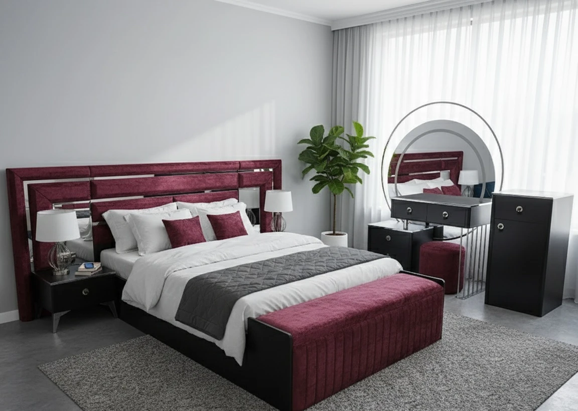Maroon Velvet Headboard and Storage Bench Bedroom Set