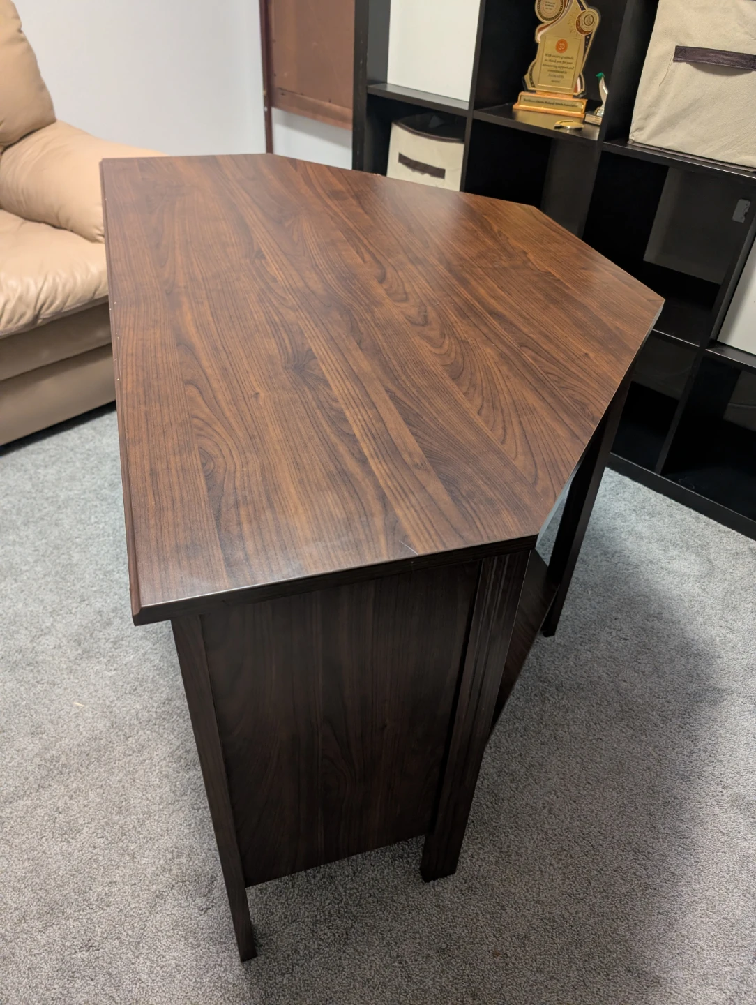 Dark Wood Corner Desk with Shelving