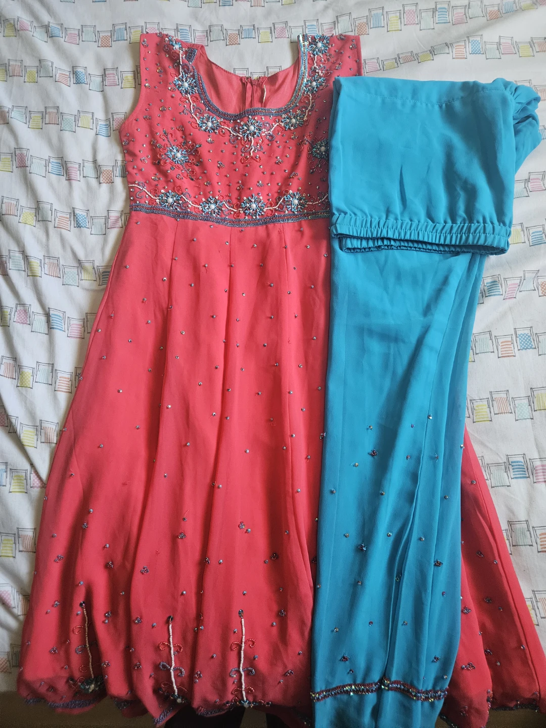 Kids' Coral and Teal Embroidered Kameez Shalwar Set