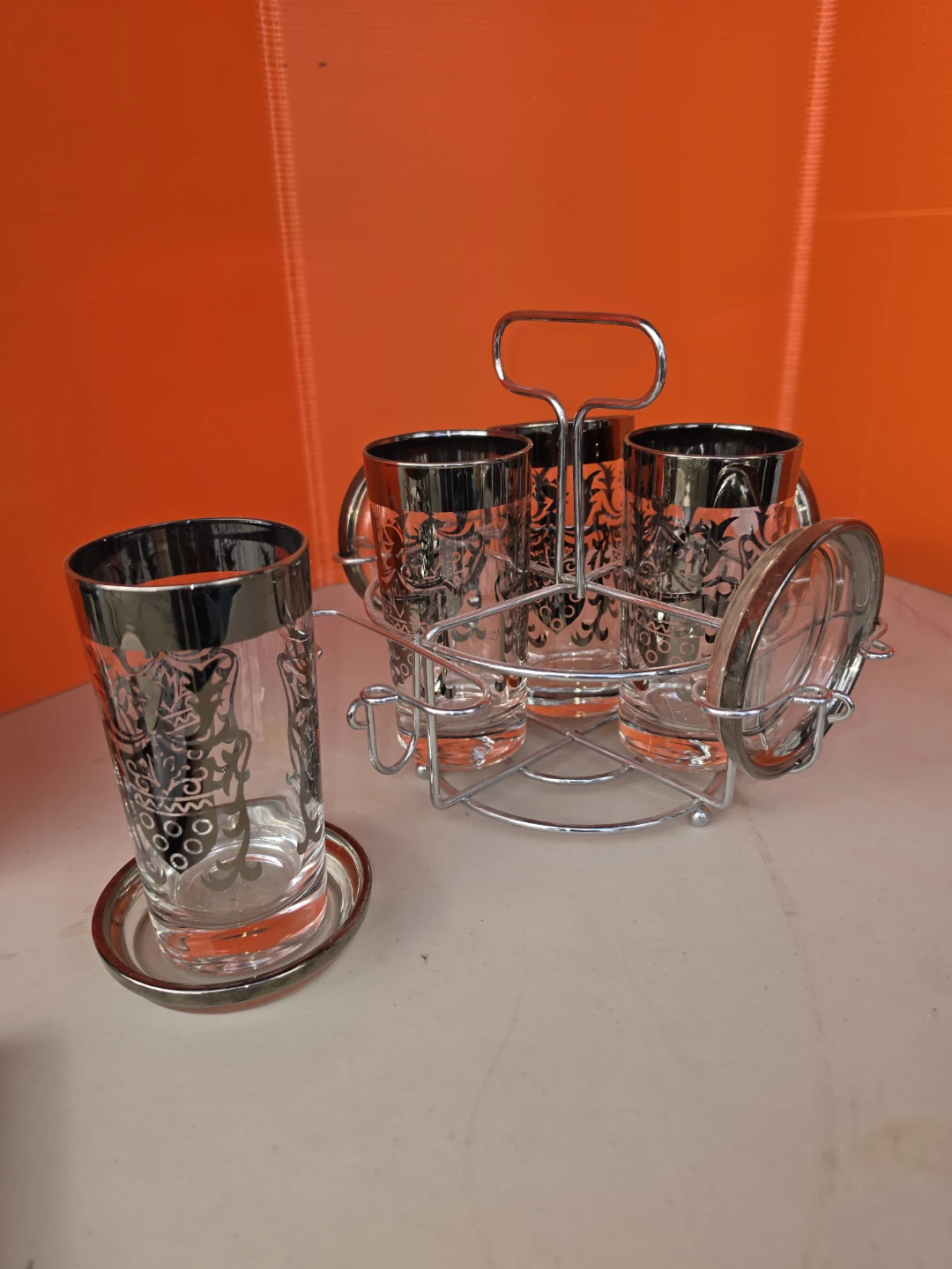 Set of 4 Vintage Etched Glass Tumblers with Caddy