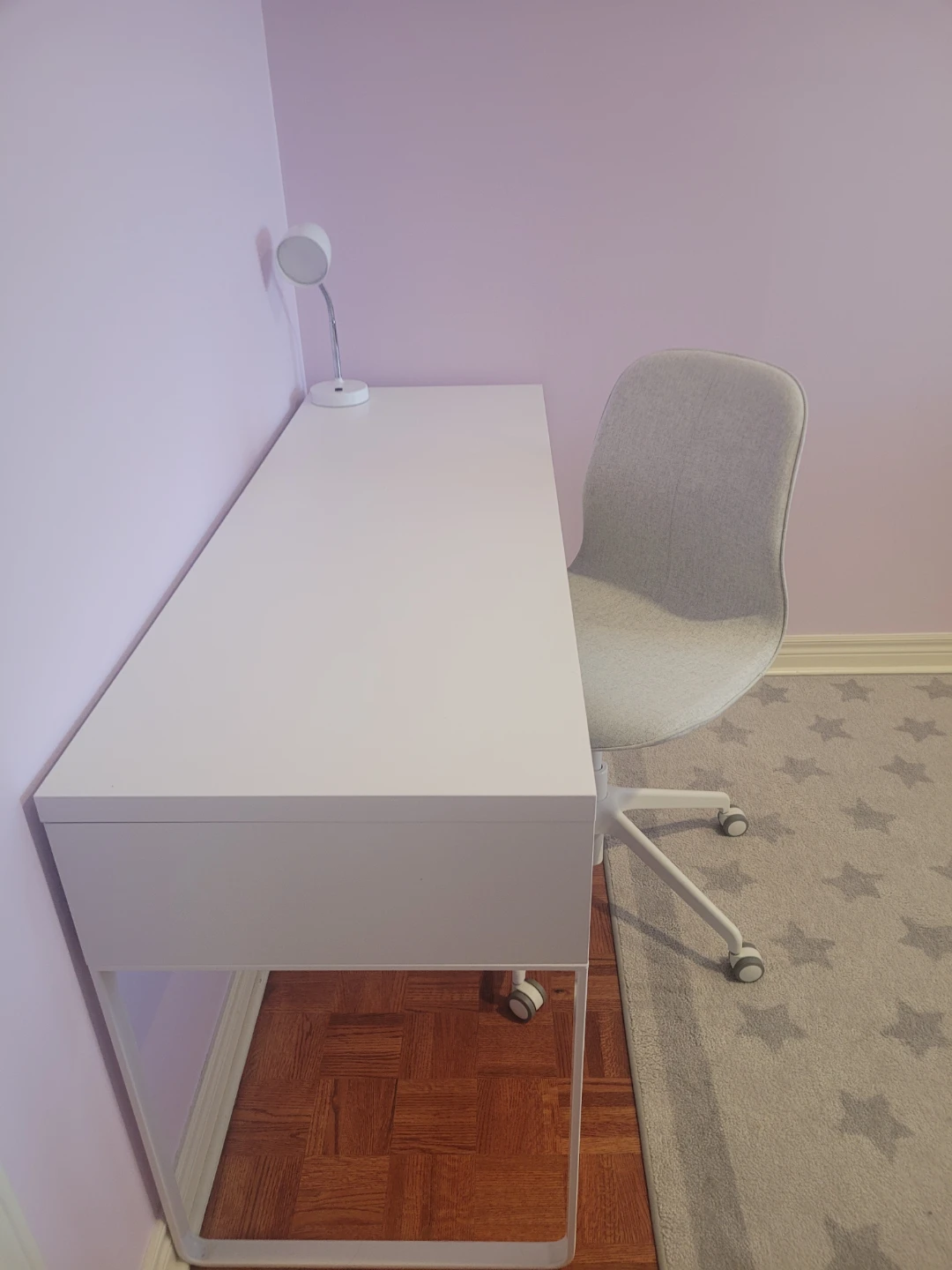 White IKEA Desk with Chair and Lamp