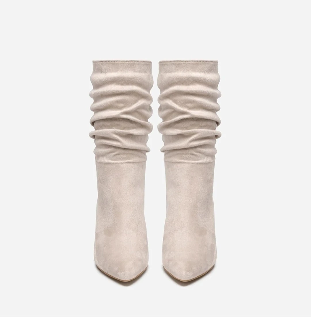 Beige Suede Ruched Slouch Booties - photo 3