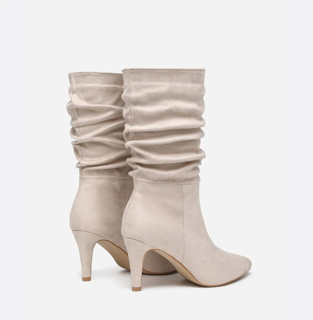 Beige Suede Ruched Slouch Booties - photo 4