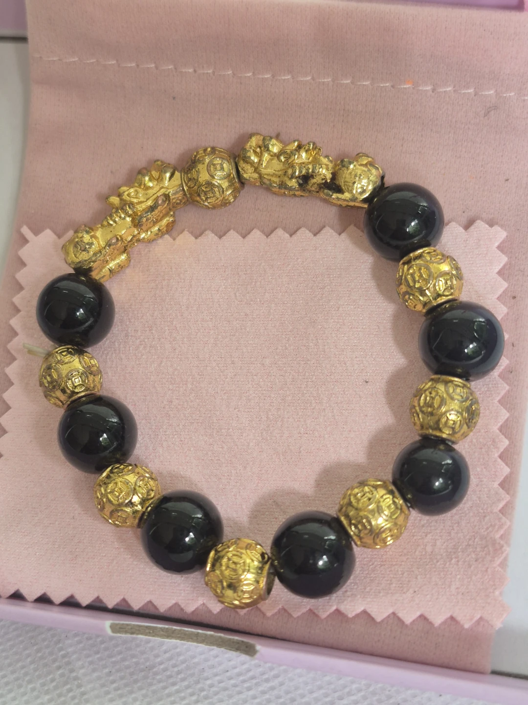 Black Stone and Gold Pixiu Charm Bracelet - photo 2