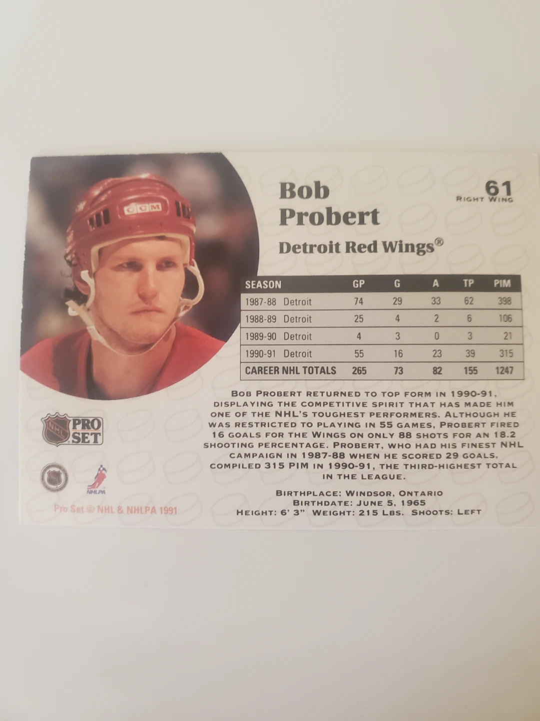 Bob Probert Detroit Red Wings Hockey Card - photo 2