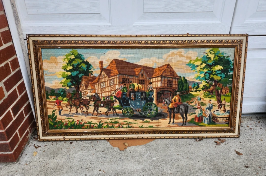 Vintage Tapestry Framed Wall Art Horse Carriage Scene
