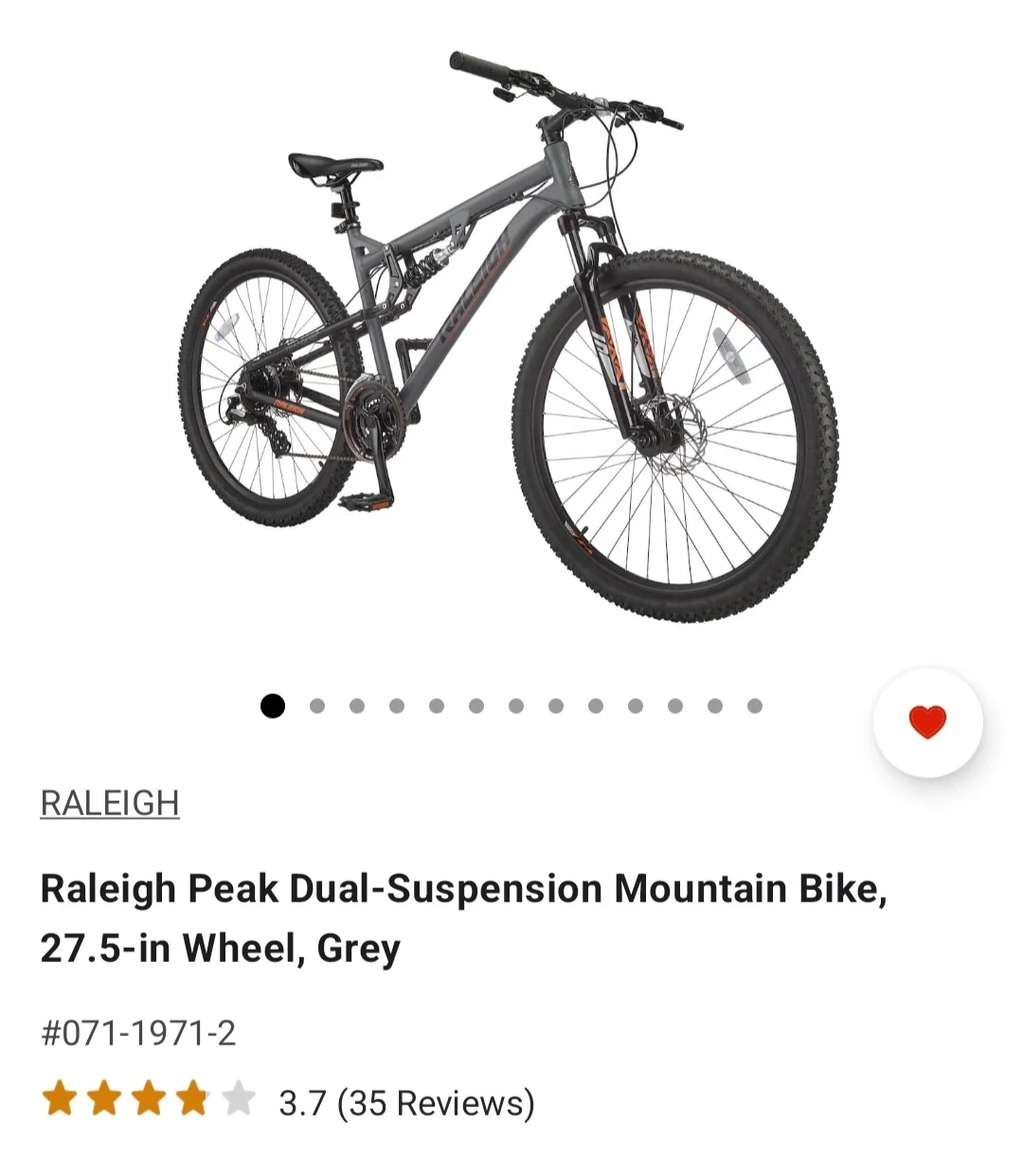 Raleigh Peak Dual-Suspension Mountain Bike - Grey, 27.5"