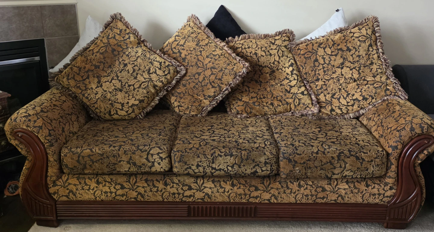 Floral Pattern Sofa with Decorative Wood Accents