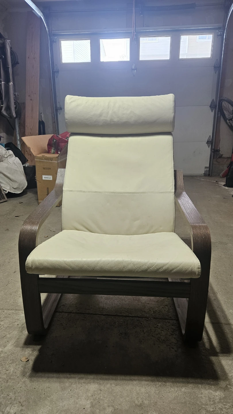 Cream Leather Accent Chair with Wood Frame