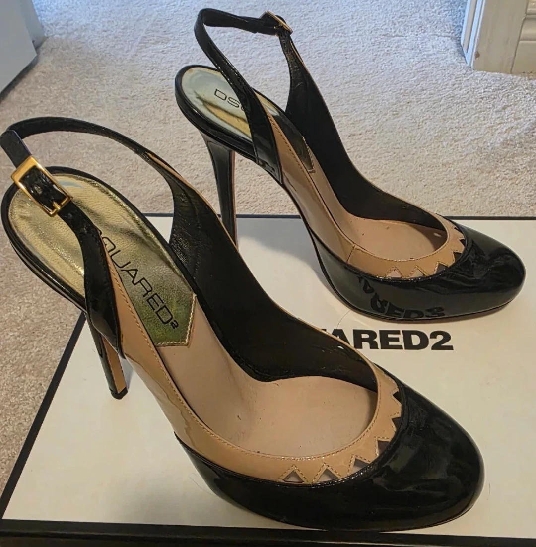 Dsquared2 Black and Tan Patent Slingback Heels
