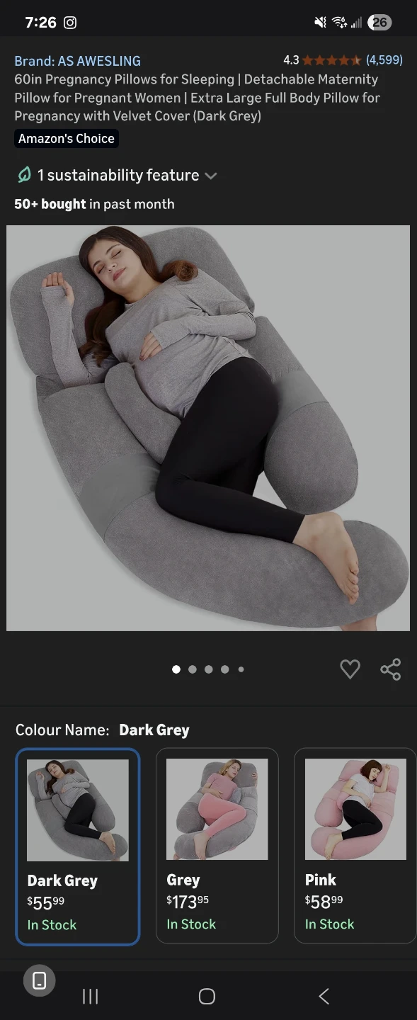AS AWESLING 60in Pregnancy Pillow - Dark Grey