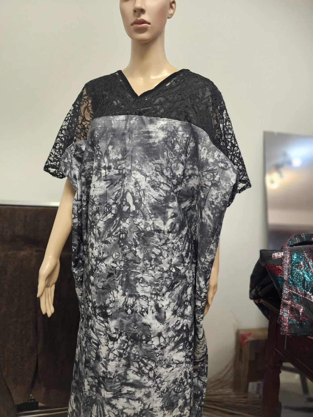 Black and Grey Tie-Dye Kaftan Dress with Lace Neckline