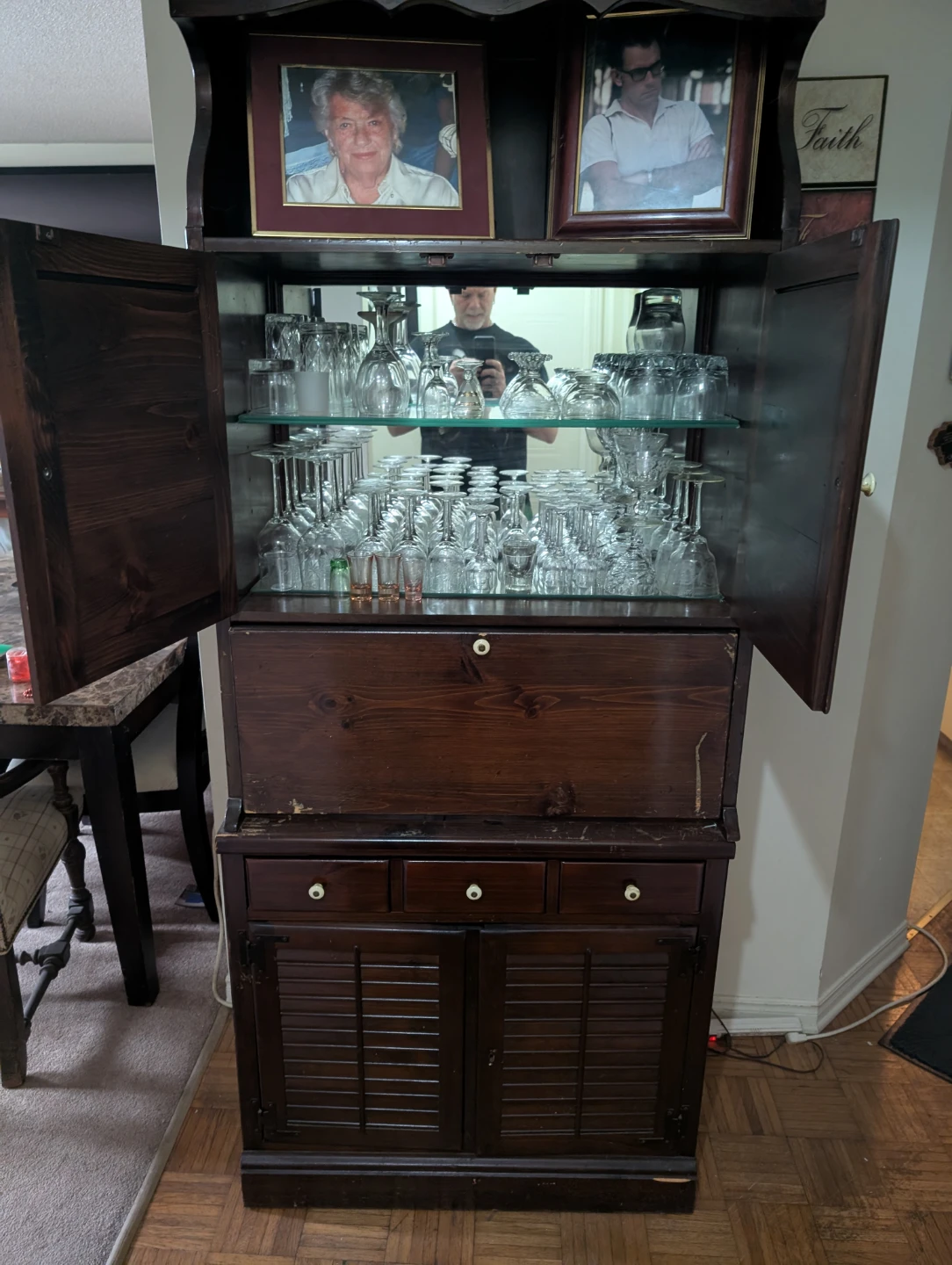 Vintage Wooden Bar Cabinet with Glassware Storage