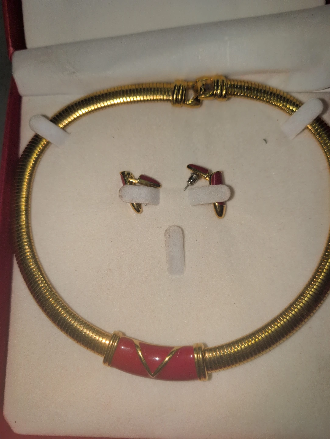 Gold Tone Necklace and Earrings Set with Red Enamel