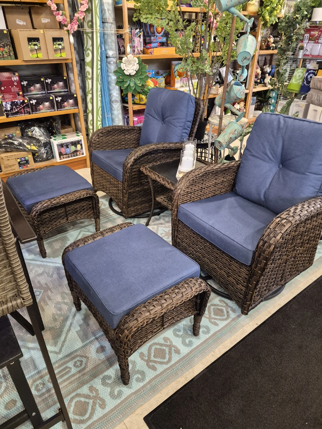 New 2 Wicker swivel rockers with Ottomans & side table
