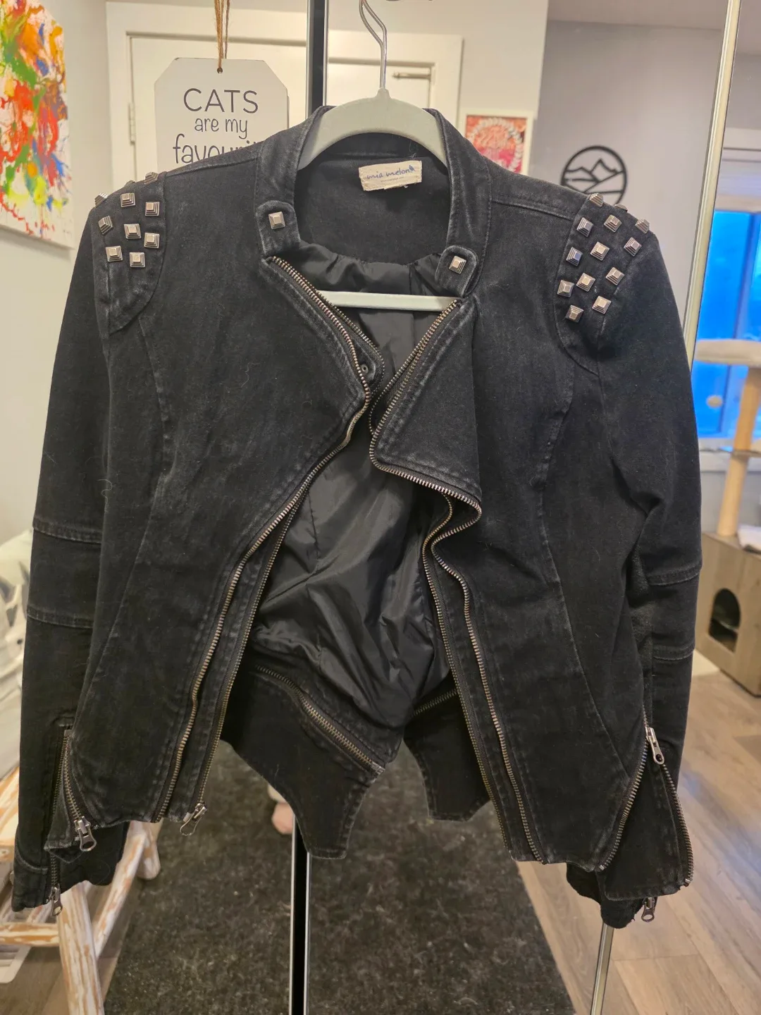 Mia Melon Black Denim Studded Moto Jacket