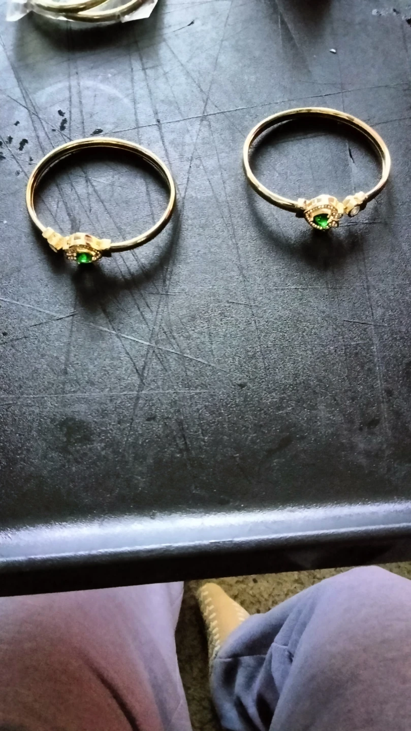 Gold Tone Bracelets with Green Gems (Set of 2)