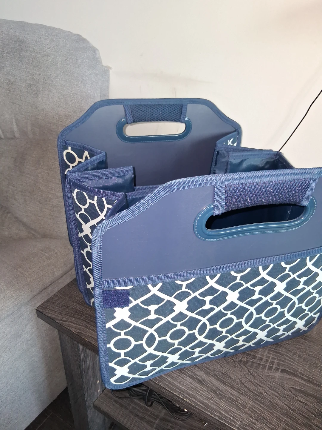 Blue fabric organizer tote with white geometric pattern - photo 2