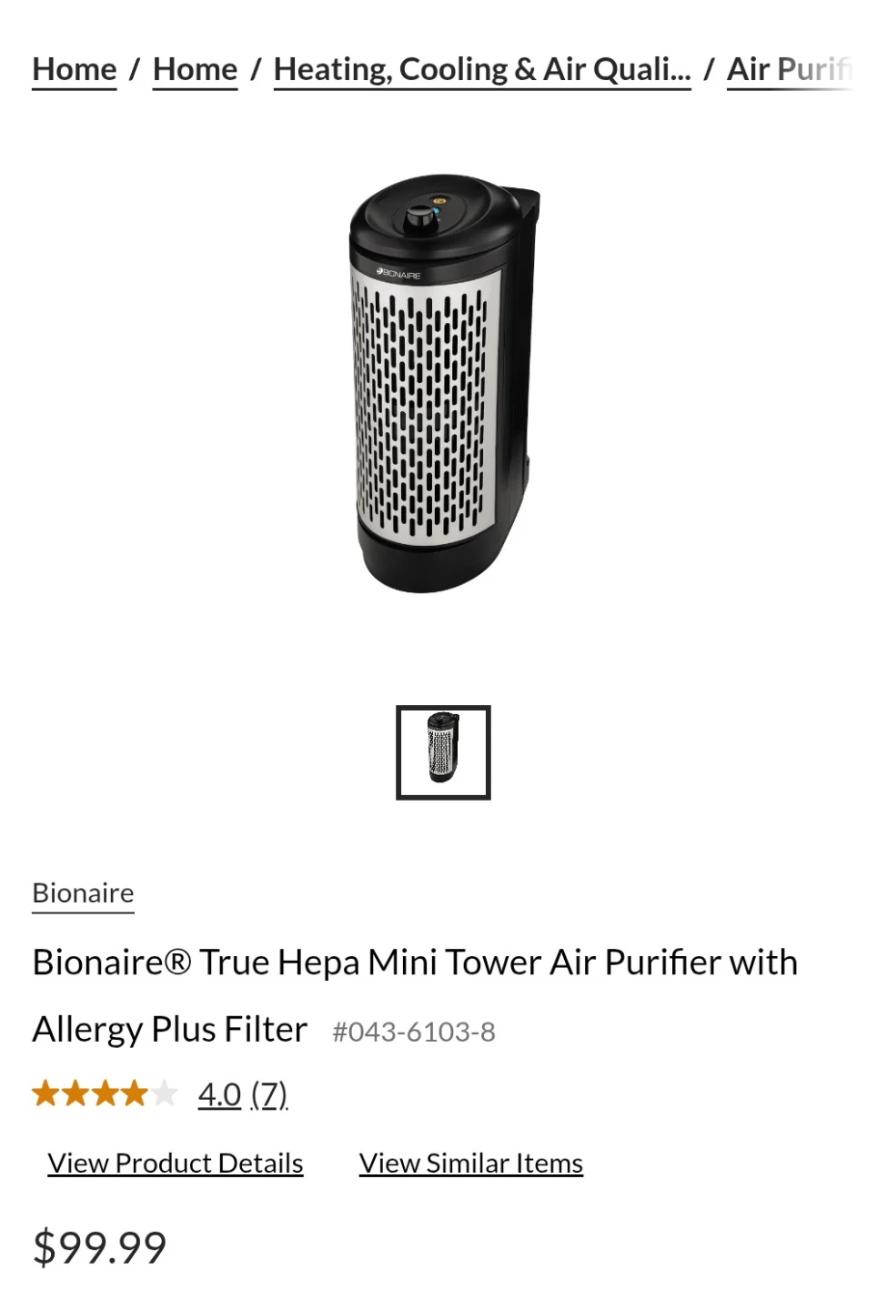 Bionaire True Hepa Mini Tower Air Purifier