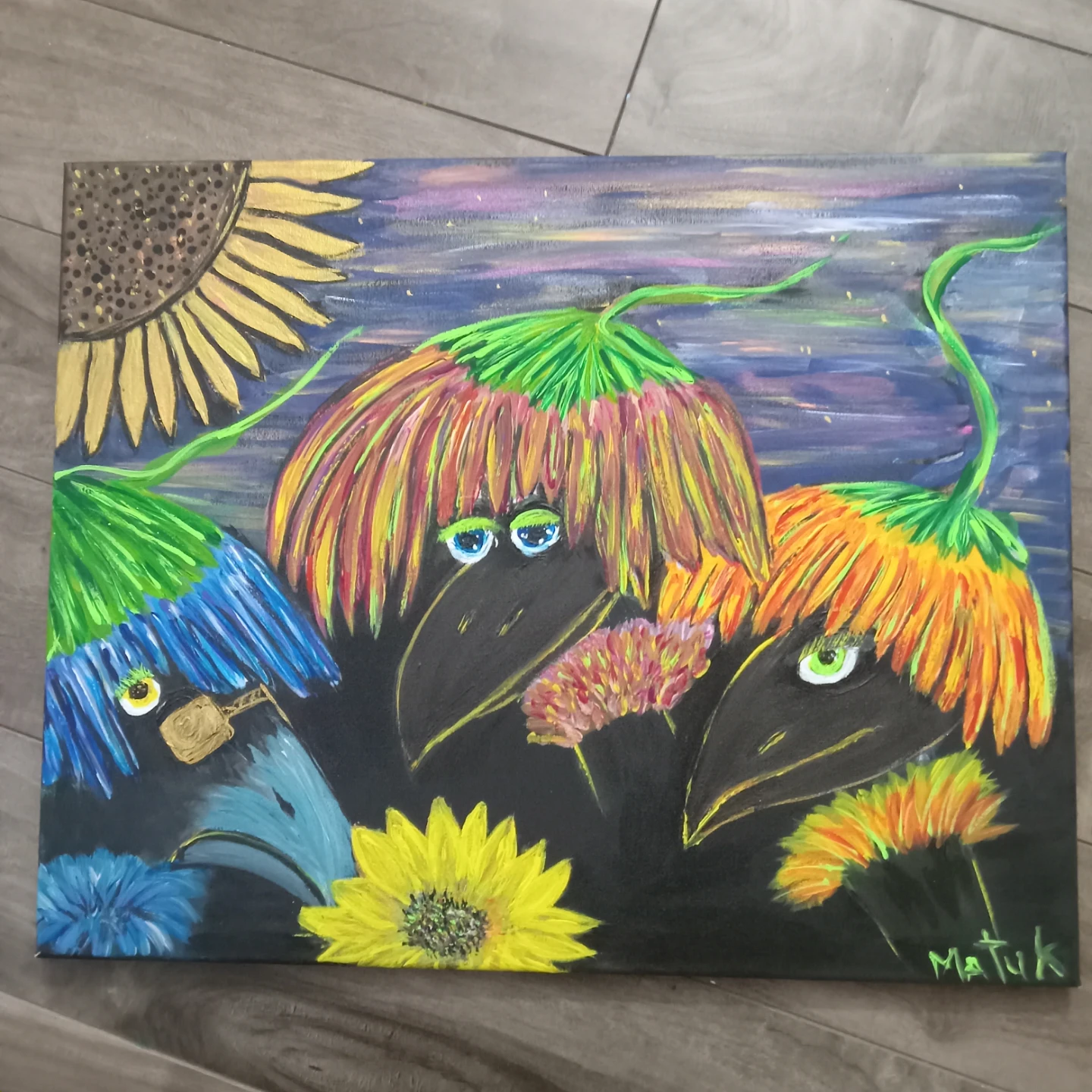 Original Painting of Three Birds with Flowers