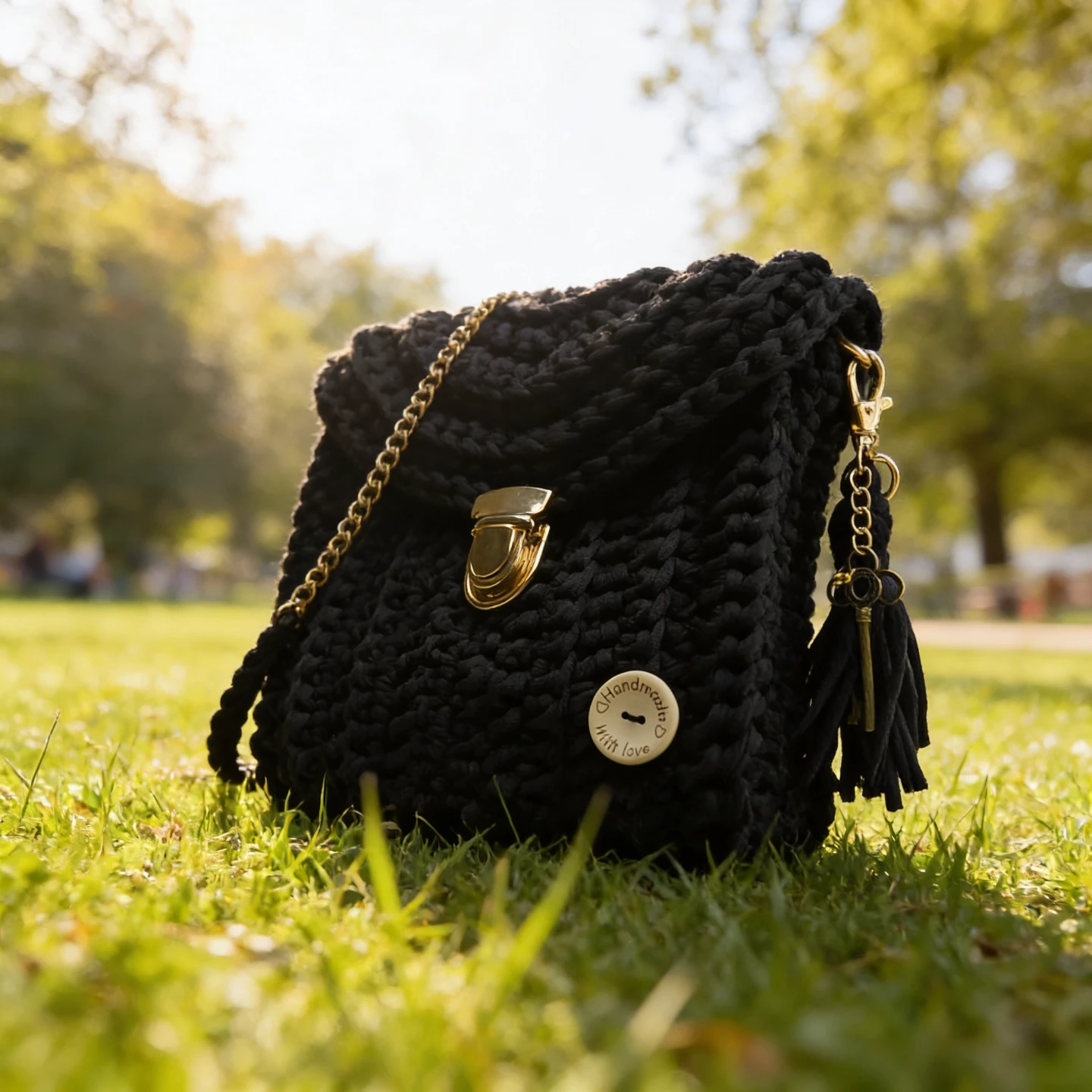 Handmade Crochet Black Shoulder Bag with Gold Chain - photo 5
