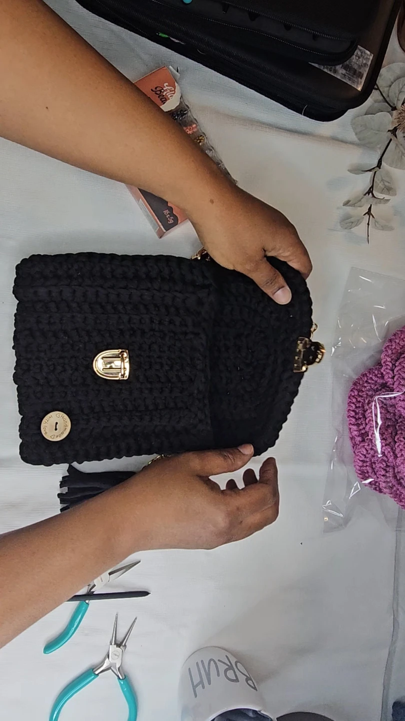 Handmade Crochet Black Shoulder Bag with Gold Chain - photo 3