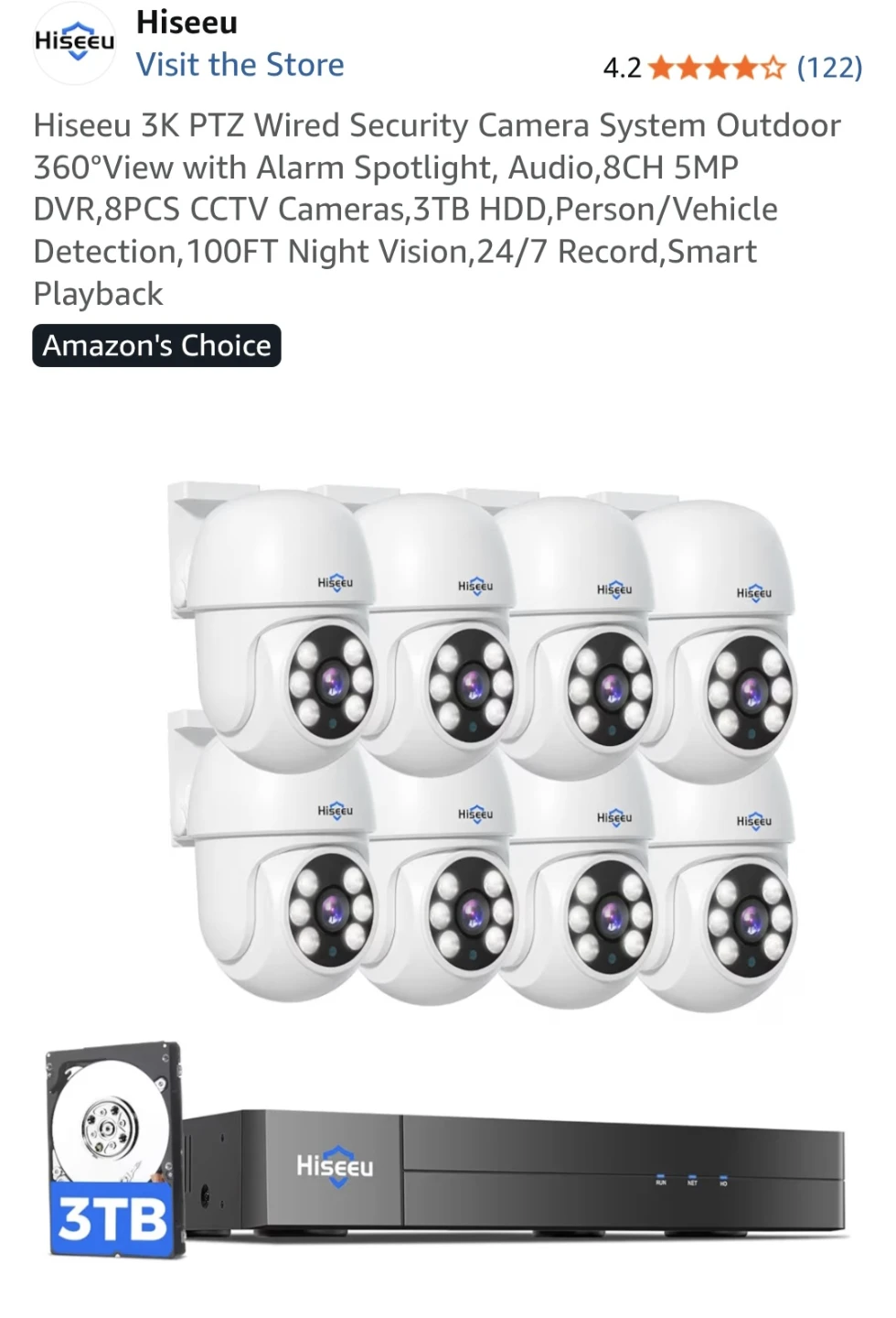 Hiseeu 3K PTZ Wired Security Camera System Outdoor 360°View