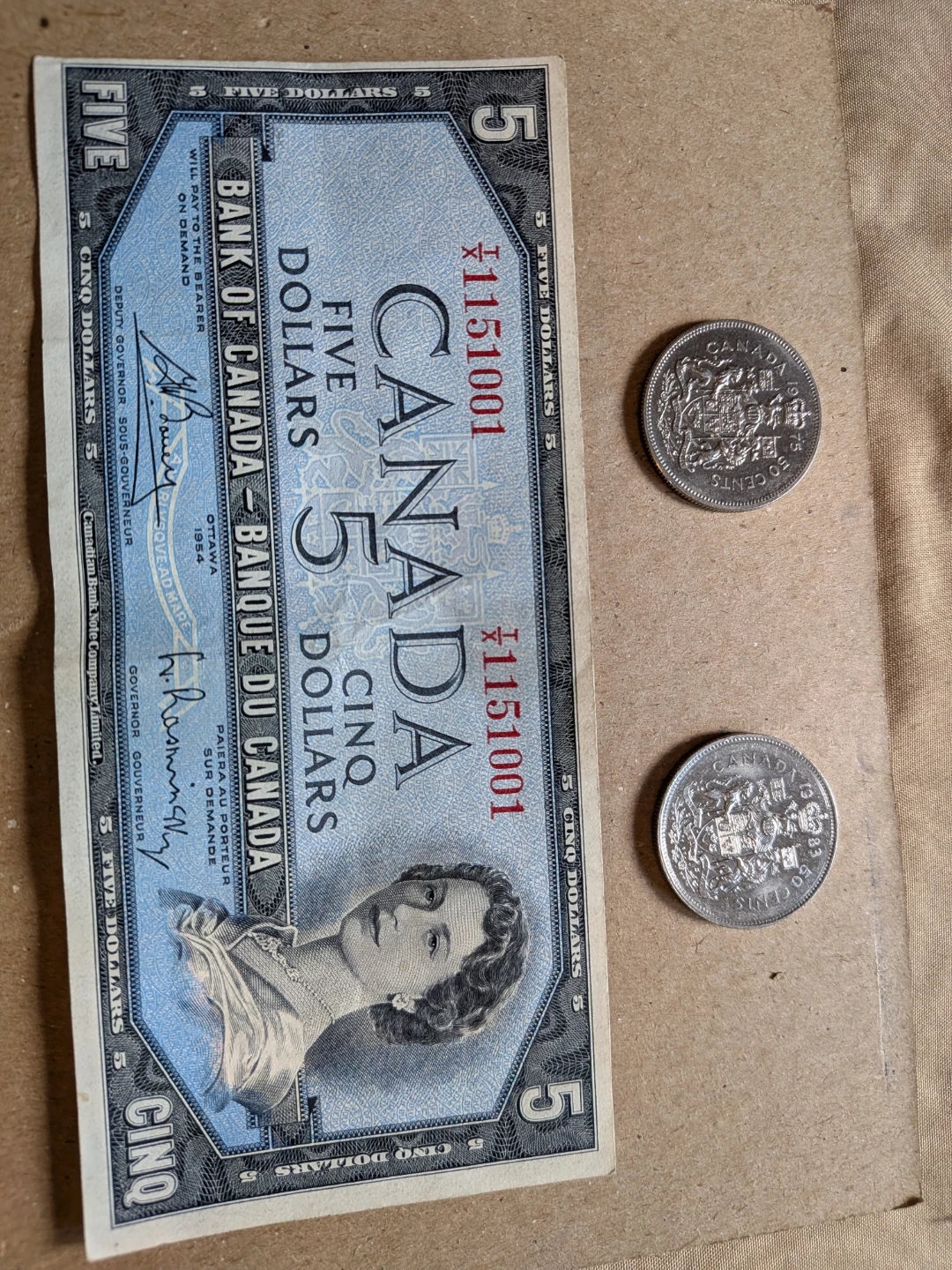 Bank of Canada 5 Dollar Bill & 2 Coins