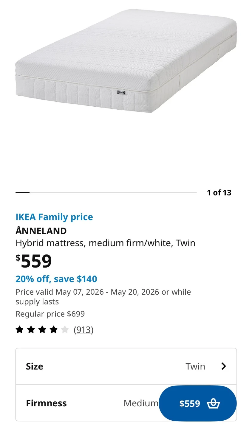 IKEA ANNELAND Hybrid Mattress - Twin - Medium Firm/White