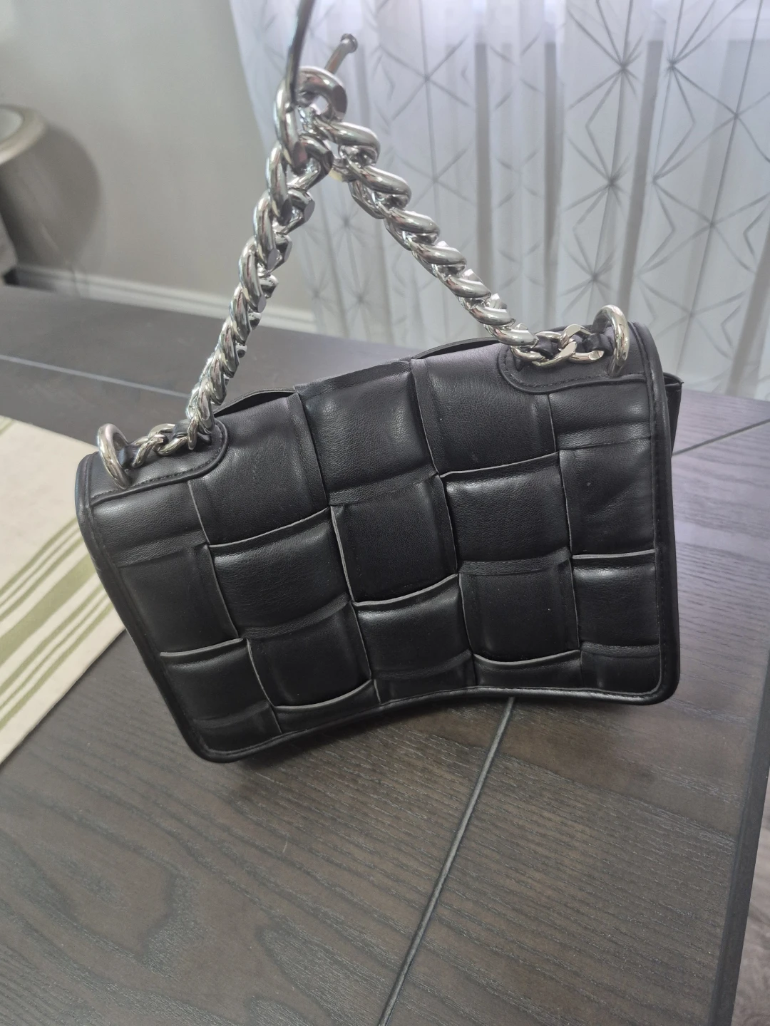 Black Leather Woven Shoulder Bag with Silver Chain