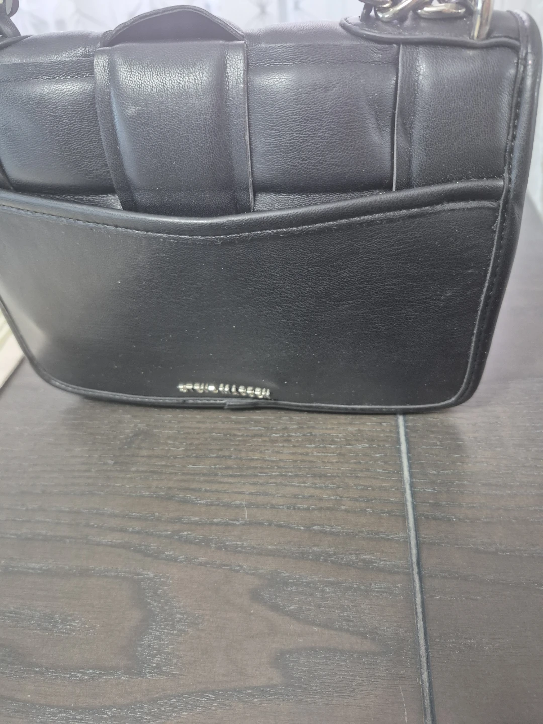 Black Leather Woven Shoulder Bag with Silver Chain - photo 4