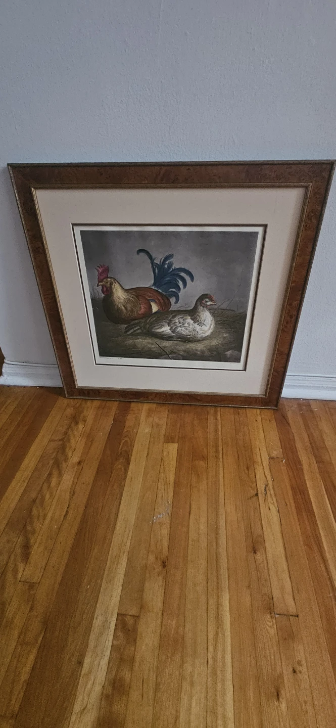 Framed Lithograph of Rooster and Hen
