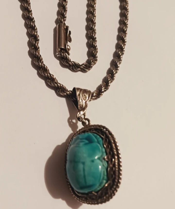 Sterling Twisted Rope Necklace w/Turquoise Scarab Beetle Pendant - photo 3