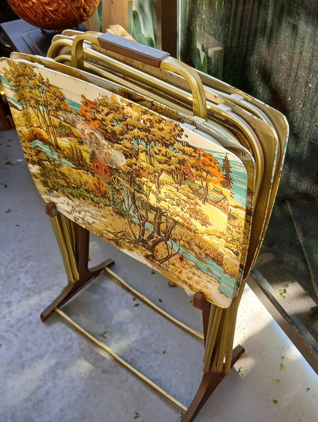 Vintage TV Tray Table Set with Rural Landscape Scene